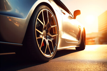 Close up on a generic and unbranded sport car in a city at sunset, ai generative illustration