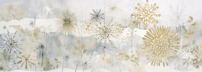Gold and white snowflakes, in the style of silver and gold, loose linework, in the style of painterly brush strokes. Generative Ai.