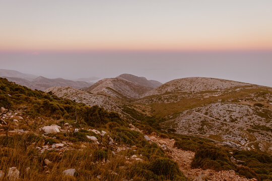 View from the top of the mountain Zas in Leykada island in Greece during sunset in summer 