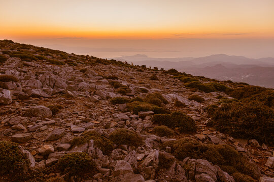 View from the top of the mountain Zas in Leykada island in Greece during sunset in summer 