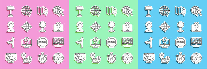 Set line Folded map with location, Monitor marker, Laptop, push pin, World globe compass, Location, Road traffic sign and Push icon. Vector