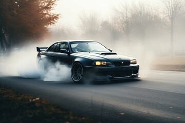 A high-performance sports car drifting around a sharp curve with smoke billowing from the tires