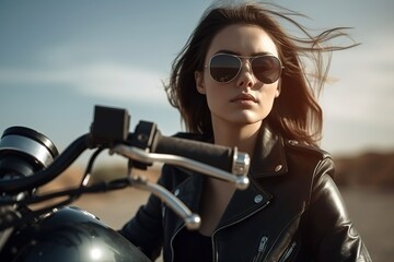 Fototapeta na wymiar Beautiful young woman wearing leather jacket and sunglasses riding her motorbike. Generative AI