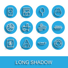 Set line Hard bread chucks crackers, Onigiri, Soda can with straw, Hotdog sandwich, Donut, Fast street food cart, Nachos in plate and Cracker biscuit icon. Vector