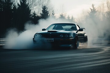 A customized sports car burning rubber and drifting on an empty street