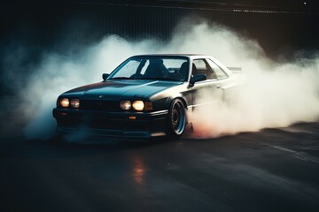 A customized sports car burning rubber and drifting on an empty street - obrazy, fototapety, plakaty