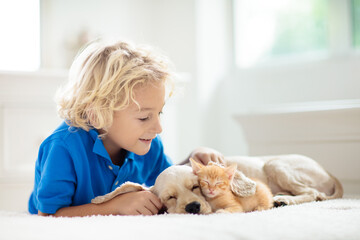 Child, dog and cat. Kids play with puppy, kitten. - obrazy, fototapety, plakaty