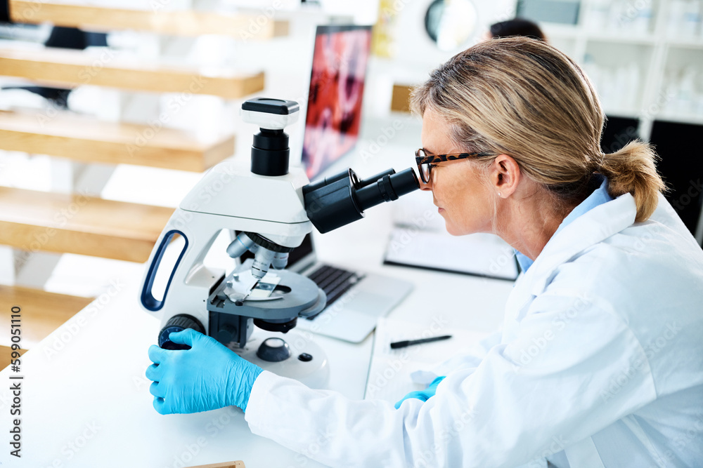 Poster Scientists help us understand how the world works in specific ways. a mature scientist using a microscope in a lab.