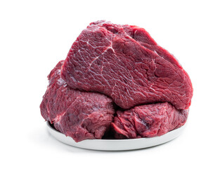 Fototapeta premium Red beef meat chunks on white plate isolated on white background