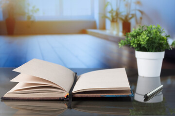 Blank book with blurred background