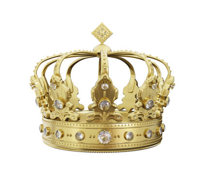 3d royal golden crown with glass diamonds on isolated background. Textured king gold crown. 3d rendering illustration.