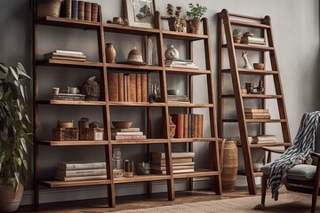 Fototapeta na wymiar Wooden Bookshelf for Home Decor and Storage. Generative AI.