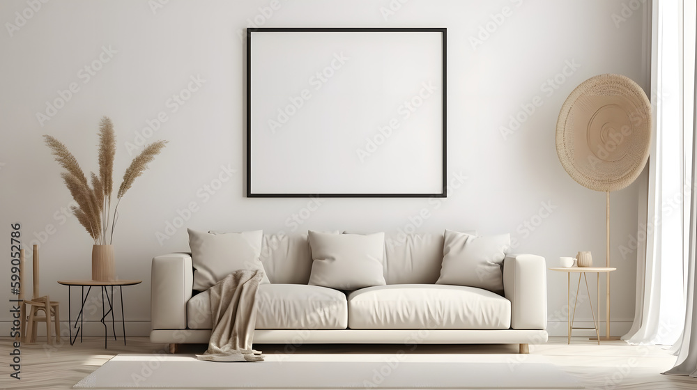 Wall mural blank horizontal poster frame mock up in scandinavian style living room interior, modern living room