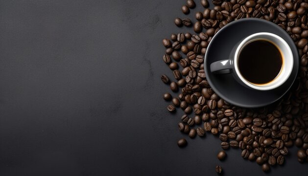 A Cup of Freshly Brewed Coffee with Scattered Coffee Beans. Generative AI.