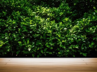 wooden table top with spring green leafs as frame and free space for text created with Generative AI technology