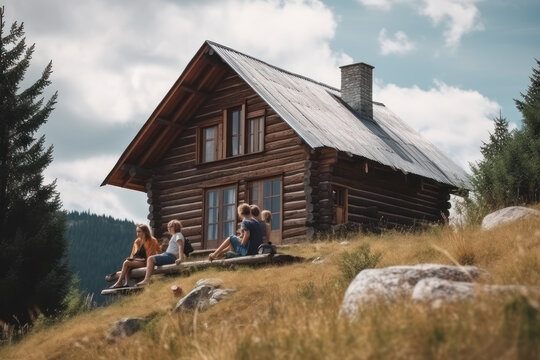 Photo of Young Family relaxing at a Mountain cabin enjoying Summer vacation, Generative AI