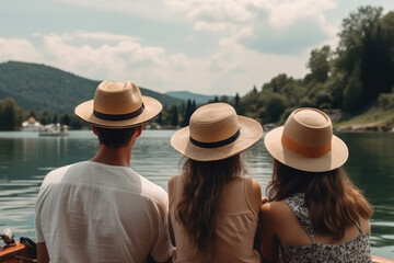 Backshot Portrait of Young Family standing at a Mountain lake enjoying Summer vacation, Generative AI