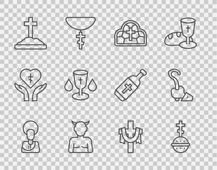 Set line Jesus Christ, Christian cross, Stained glass, Krampus, heck, Grave with, chalice, and Magic staff icon. Vector