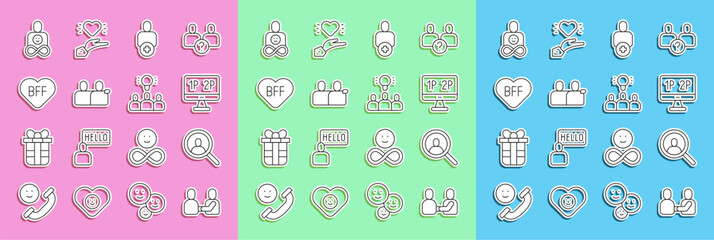 Set line Happy friendship day, Magnifying glass for search, Computer monitor screen, Add, BFF best forever, Friends and Project team base icon. Vector