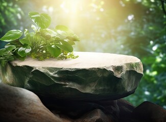 Natural stone and concrete podium in Natural green background for Empty show for packaging product presentation created with Generative AI technology