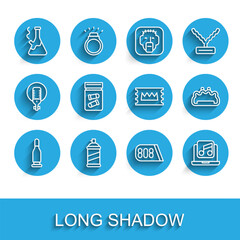 Set line Bullet, Paint spray can, Glass bong for smoking marijuana, Drum machine music, Laptop with, Evidence bag bullet, Brass knuckles and Concert ticket icon. Vector