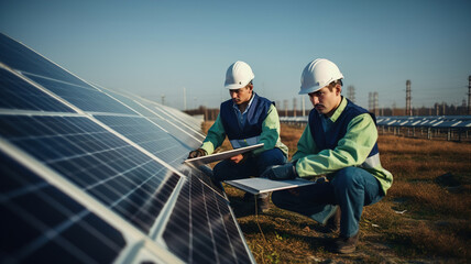 Solar power plant, engineers working with solar panels, alternative renewable green energy generation concept