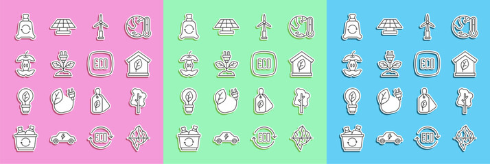 Set line Iceberg, Tree, Eco friendly house, Wind turbine, Electric saving plug leaf, Apple core, Garbage bag with recycle and Leaf symbol icon. Vector