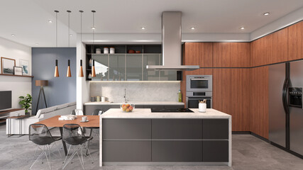 Cocina moderna con isla central y muebles en madera: 3d render © estebandres