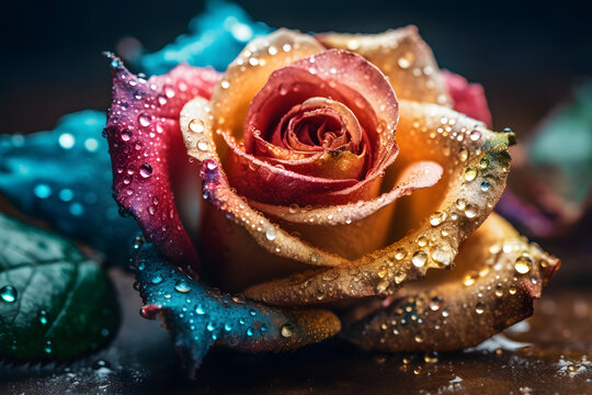 Rainbow rose with dew drops. Neural network AI generated art