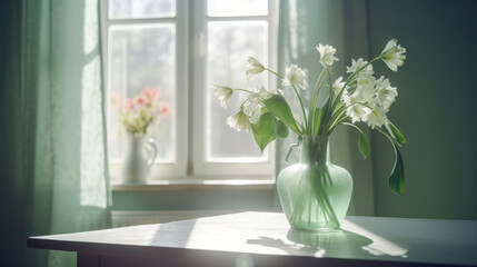 Green luxury flowers in glass vase. Illustration AI Generative