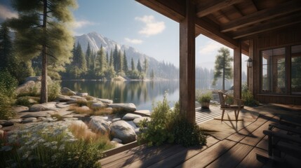 Beautiful lake and garden of a nice cozy house. Generative AI illustration.