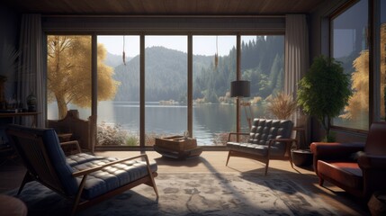 Bright and spacious chalet living room interior with a view on a lake in the mountains. Generative AI illustration.