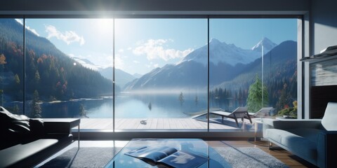 Modern luxury house interior with a perfect view on a lake in the mountains. Generative AI illustration.