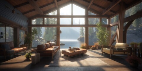 Fototapeta premium Cozy luxury and modern chalet living room interior design concept with a beautiful view on a lake in the mountains. Generative AI illustration.