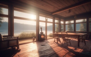 Cozy rustic and modern cabin interior design concept with a fireplace, and a beautiful view on a lake in the mountains. Generative AI illustration.