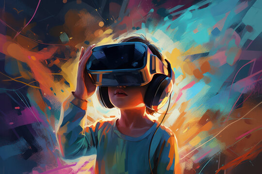 illustration of young child wearing VR headsed exploring the metaverse, digital native, virtual reality, remote school concept, generatrive AI