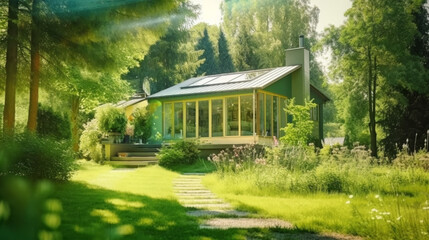 Green modern house. Illustration AI Generative.
