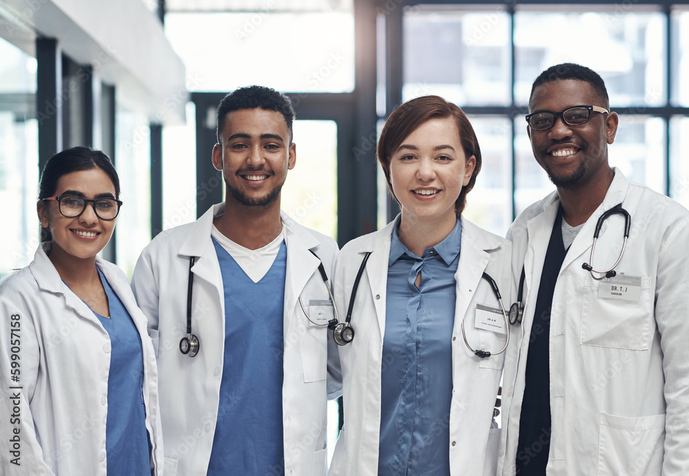 Poster Call us when you need help. a group of doctors standing in a row together at work.