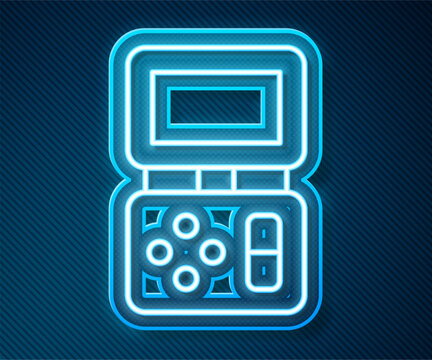 Glowing neon line Portable tetris electronic game icon isolated on blue background. Vintage style pocket brick game. Interactive playing device. Vector