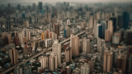 Tilt shift aerial view of the city. Generative ai