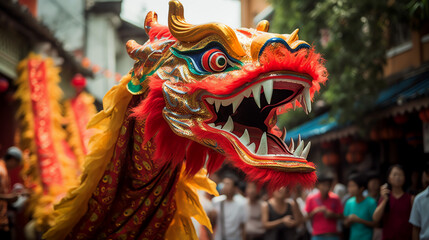Fototapeta na wymiar Dragon dance Chinese tradition - Generative AI