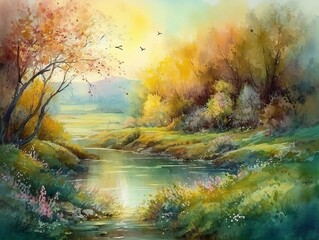 Watercolor painting of the fascinating river landscape, AI Generated