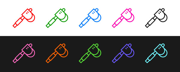 Set line Wooden axe icon isolated on black and white background. Lumberjack axe. Vector