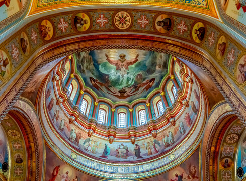 Interiors of cathedral of Christ the Savior (Khram Khrista Spasitelya), Moscow, Russia