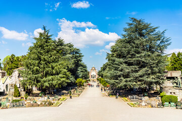 Obraz premium Panoramic view of the hemicycle in the Monumental Cemetery of Milan, Lombardy region, Italy, where many notable people are buried.