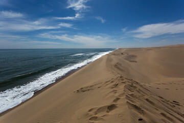 Fototapeta na wymiar Photo of Walvis bay where sand of Namib meet the sea