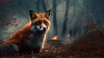 Fototapeta premium A fox is depicted amidst the smoke and flames of a burning forest in the background. Generative AI