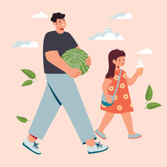 Dad with watermelon and daughter with ice cream. Happy characters go with purchased groceries. Child and parent have fun together.Modern people on pink background.Vector cartoon flat illustration.