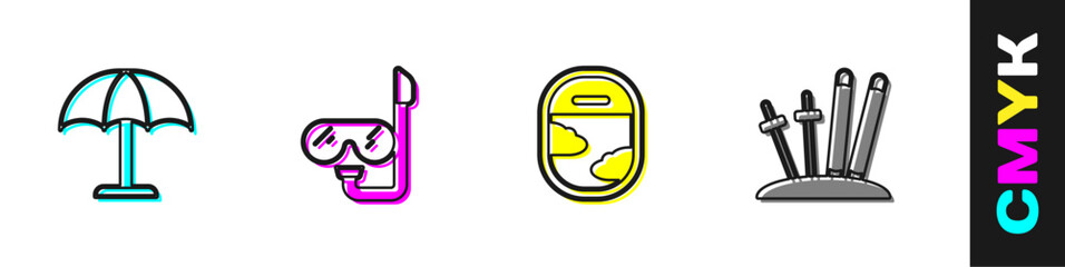 Set Sun protective umbrella, Diving mask and snorkel, Airplane window and Ski sticks icon. Vector