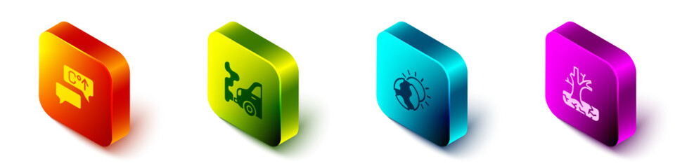 Set Isometric Global warming, Car exhaust, and Withered tree icon. Vector